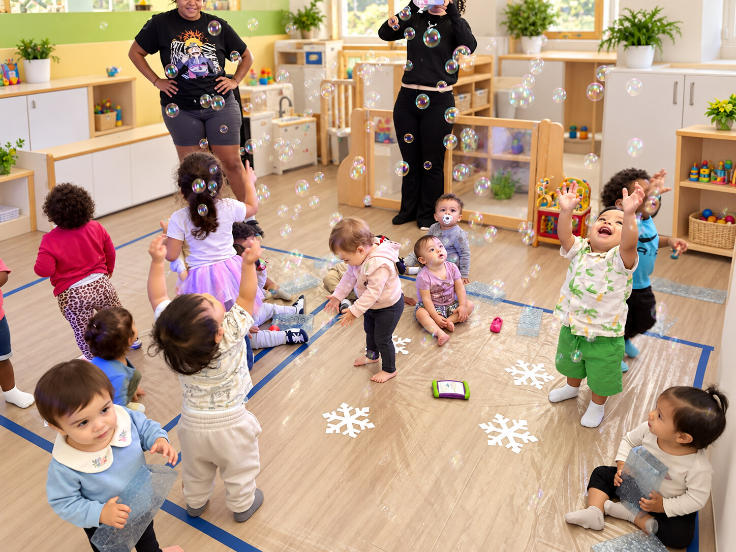 Children reaching for bubbles together in a Sunshine classroom